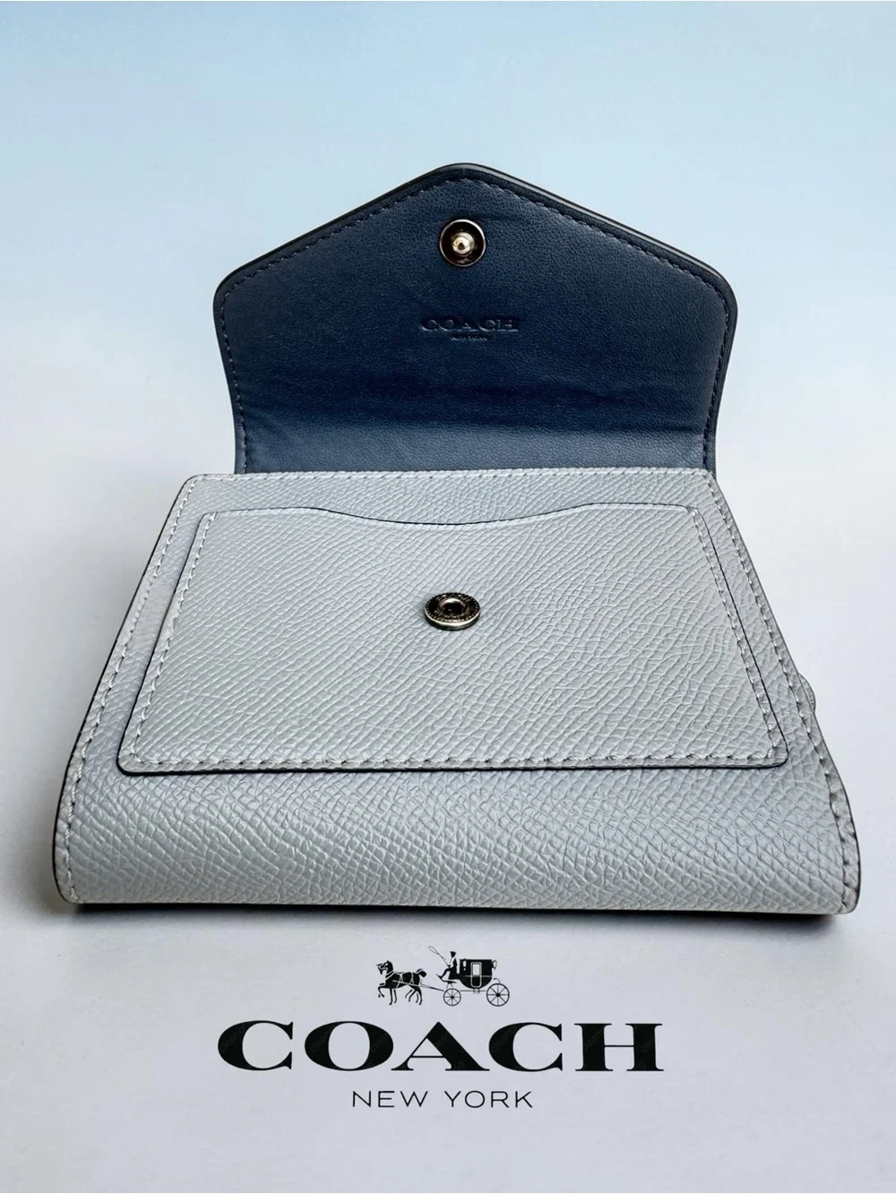 COACH Wyn Small Wallet in Dove Grey and Sky Blue Multi Colorblock.